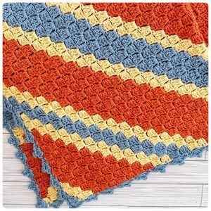 Hand Crochet Baby Blanket Crib Lap Throw. Afghan Orange Blue Cream 44”x44” VTG